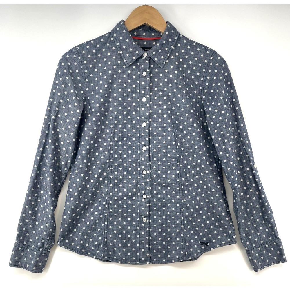 Talbots Shirt Women PS Blue/Gray Polka Dot Button Up‎ Long Sleeve Cotton Preppy